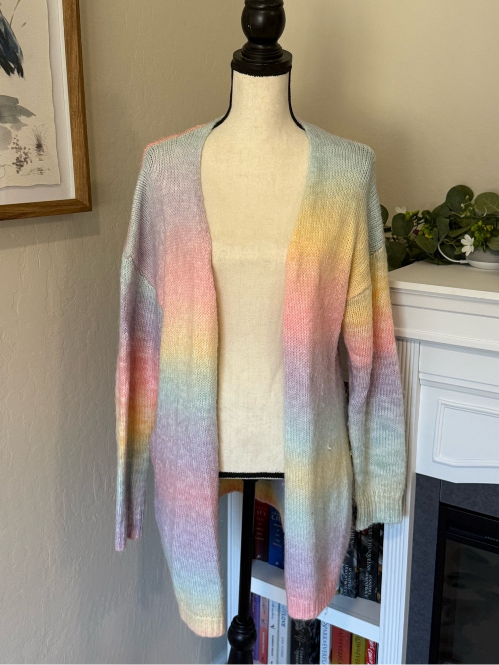 Pastel Ombre Rainbow Open-Front Cardigan Sweater With Pockets
